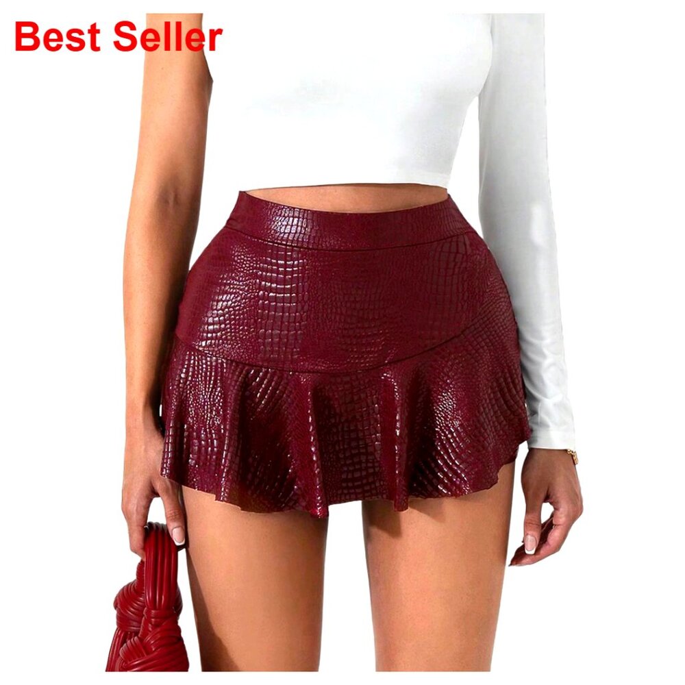 Faux Leather Ruffle Mini Skort High Waist Party Club Shorts